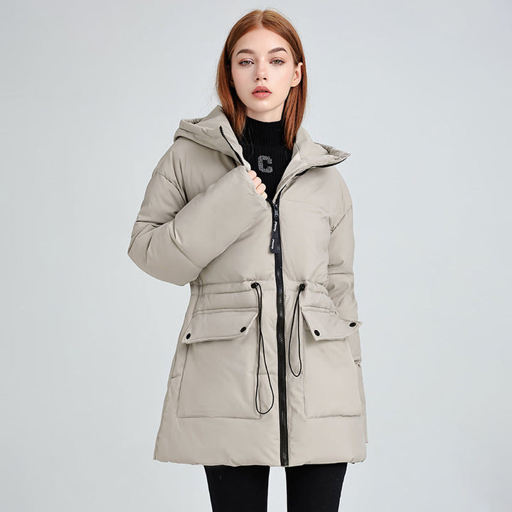 Women’s mid-length thermal parka with a waist-cinching drawstring and hood