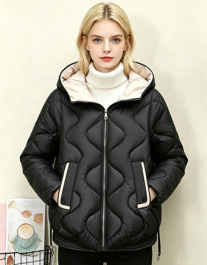 Women's padded short jacket with heart-shaped quilting, a rounded hem, and a hood