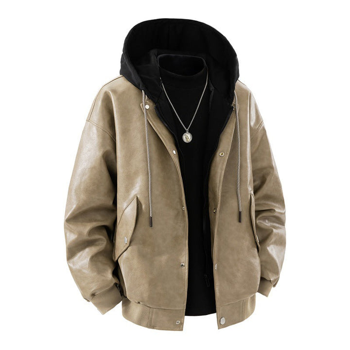 Men’s oversized bomber jacket with hood, snap-button placket, and pockets