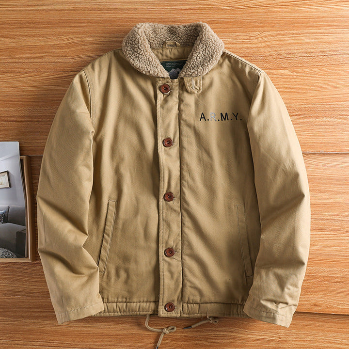 Men’s canvas jacket with a teddy collar, insulated lining, and drawstring waist