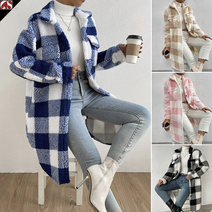 Women's long coat with plaid pattern and pockets