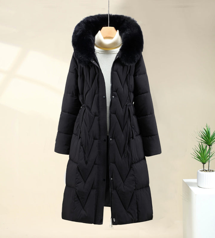Women's long quilted parka with a faux-fur hood and drawstring