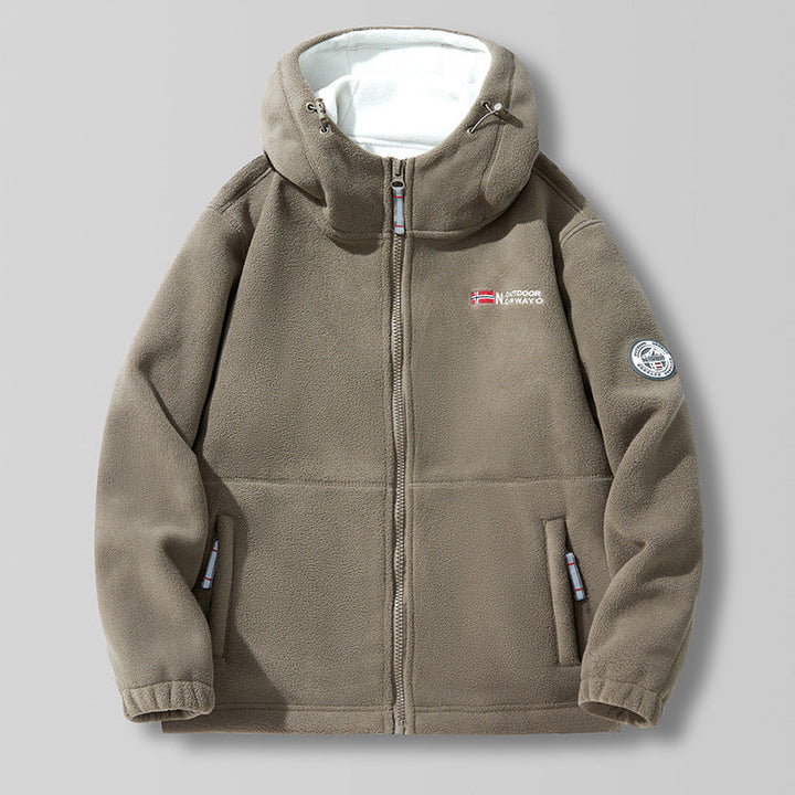 Hooded fleece jacket with a high-neck hood collar and zipper