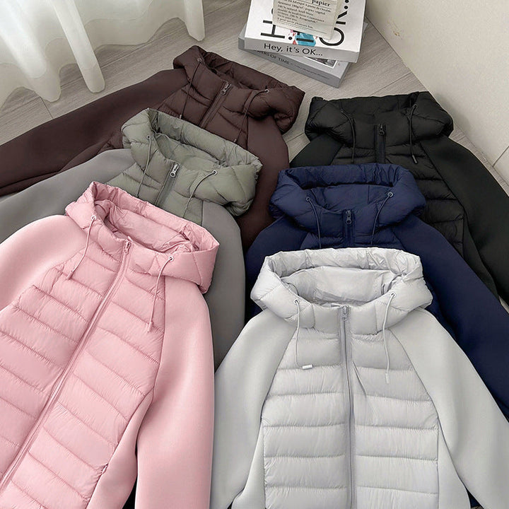 Women’s Lightweight Hybrid Quilted Jacket with Hood and Stretch Sleeve Panels