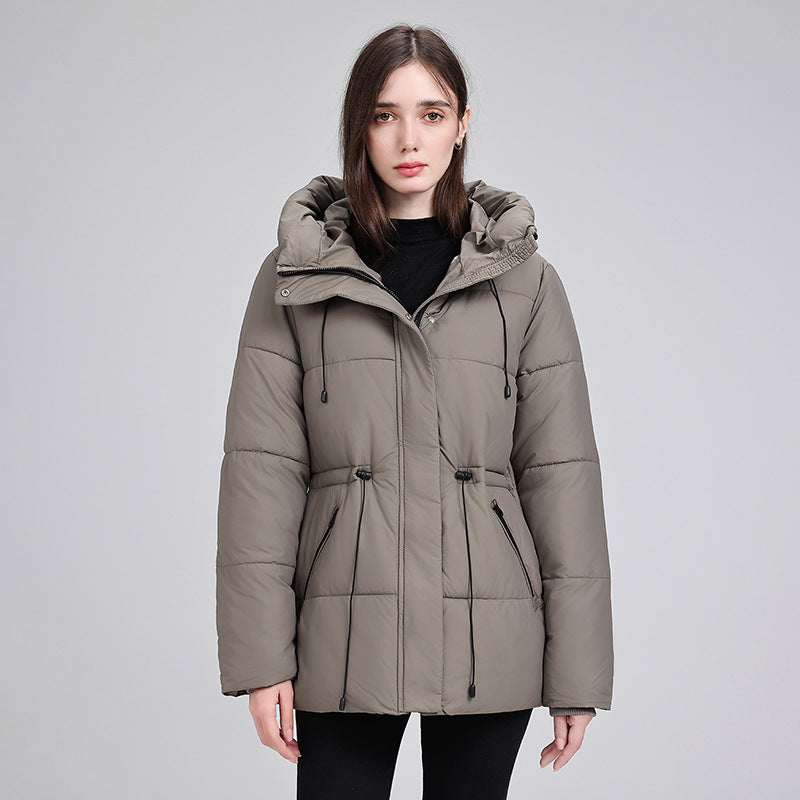 Women's padded hooded parka with an adjustable drawstring waist and ribbed cuffs