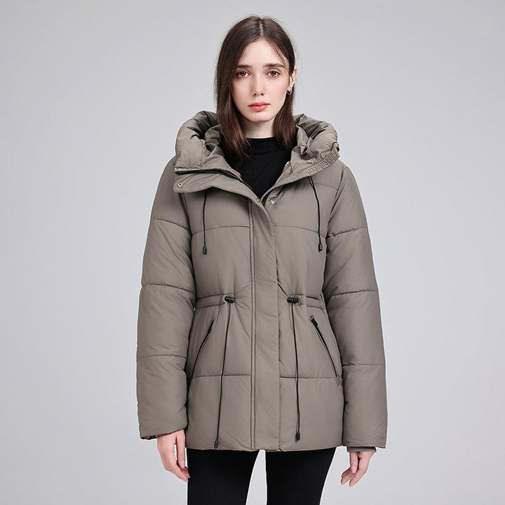 Women's padded hooded parka with an adjustable drawstring waist and ribbed cuffs