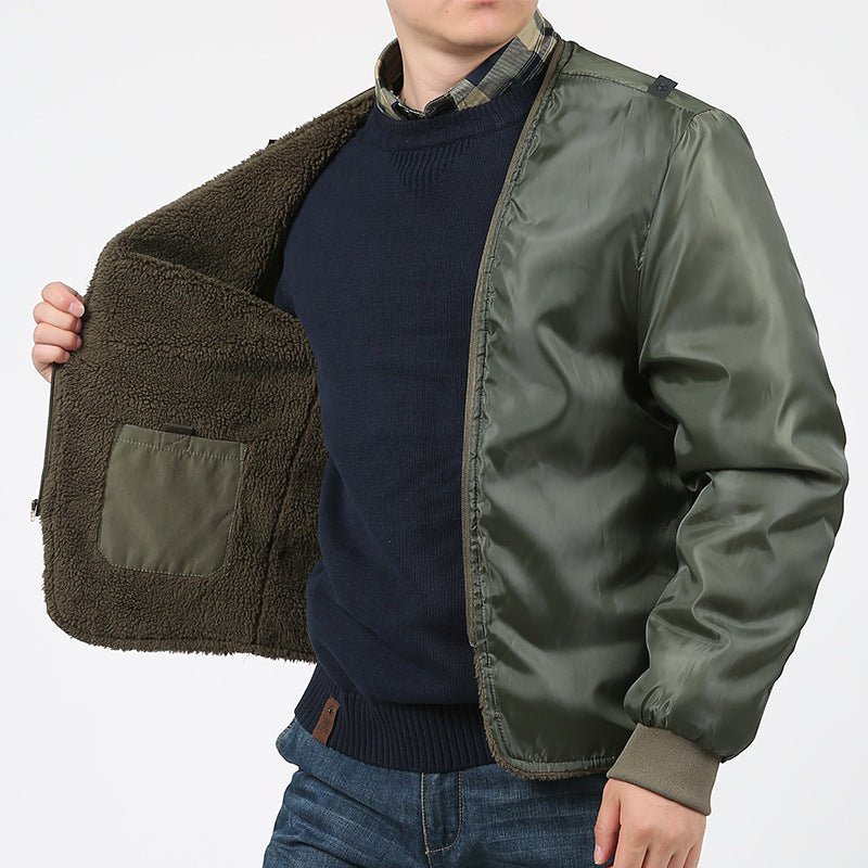 Men's parka with hood, drawstring, buttons, and pockets