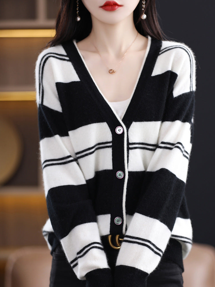 Women's midi cardigan with block stripes, V-neck, and long sleeves