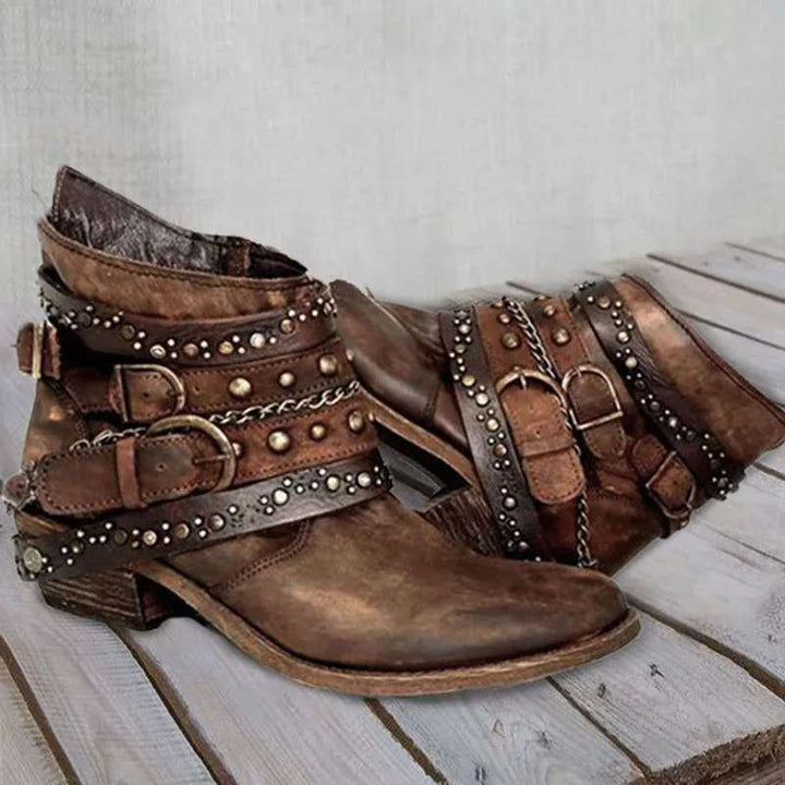 Women's western ankle boots with buckle straps and chains