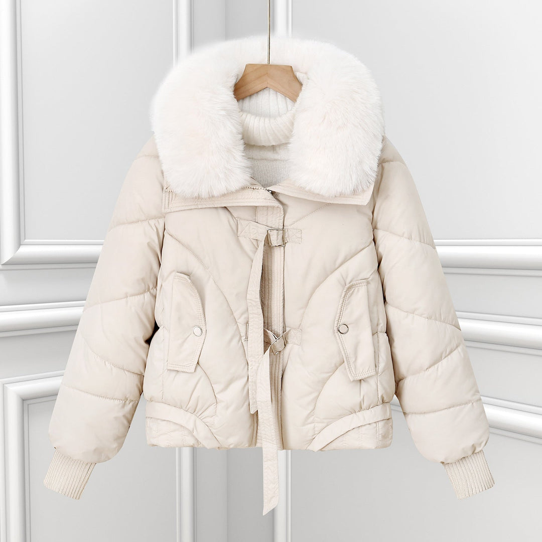 Women's short pilot jacket with a voluminous shawl collar and drawstring hem