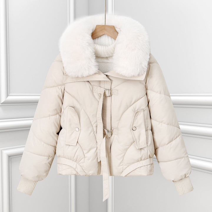 Women's short pilot jacket with a voluminous shawl collar and drawstring hem
