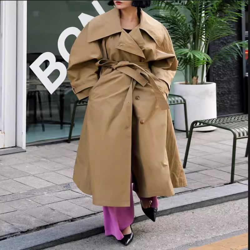 Women’s oversized trench coat with waterfall collar and tie belt