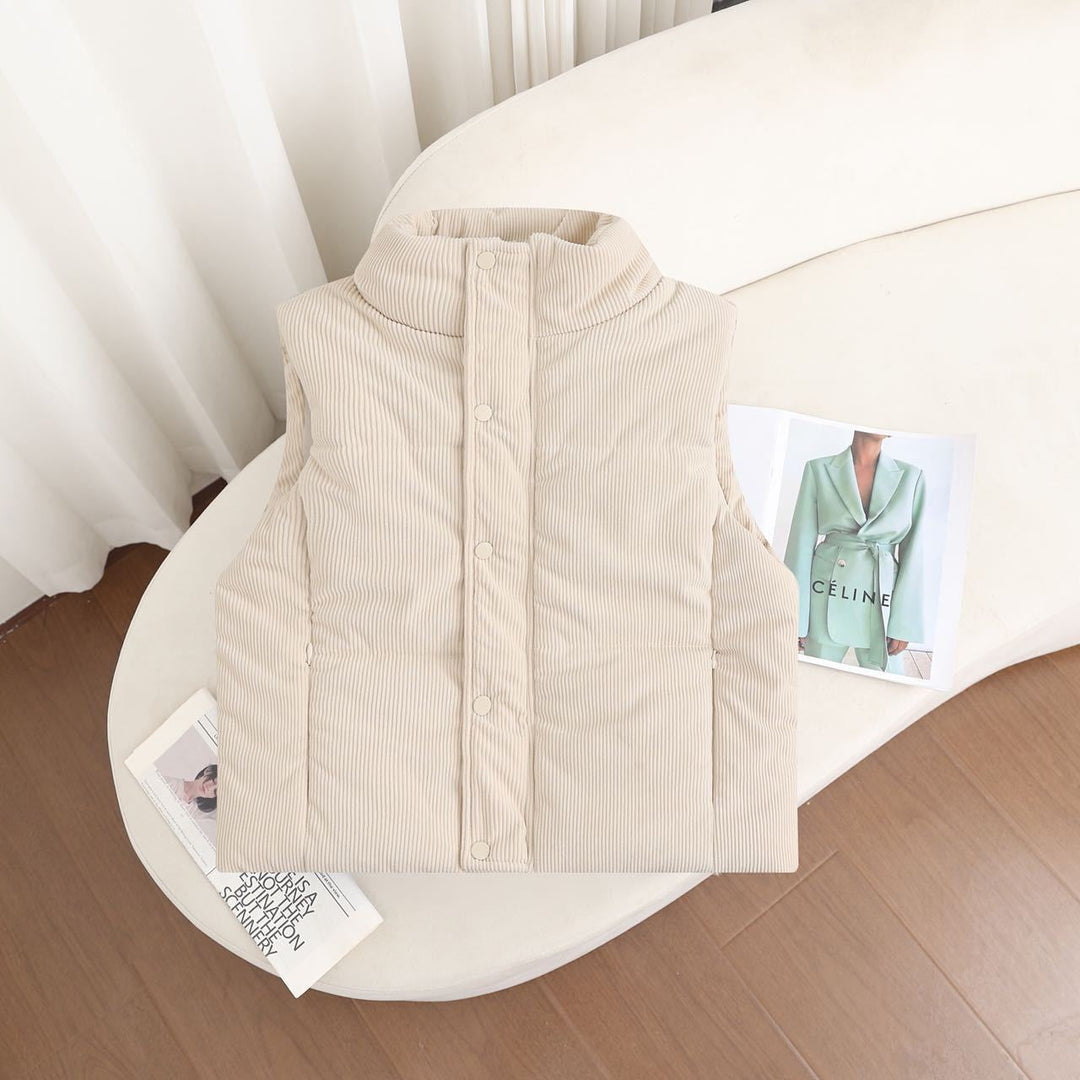 Women's short insulated vest with a high stand-up collar and snap-button placket