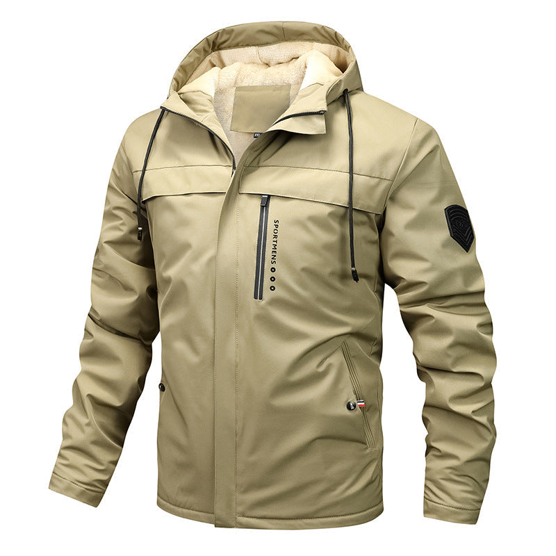 Men’s windproof softshell jacket with adjustable hood and fleece lining