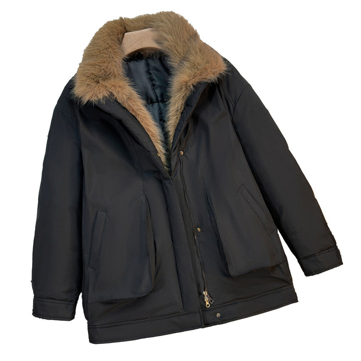 Women’s mid-length winter parka with detachable faux-fur collar