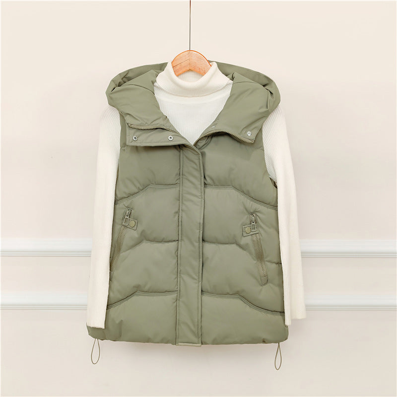 Women's padded hooded vest with drawstring and zippered pockets
