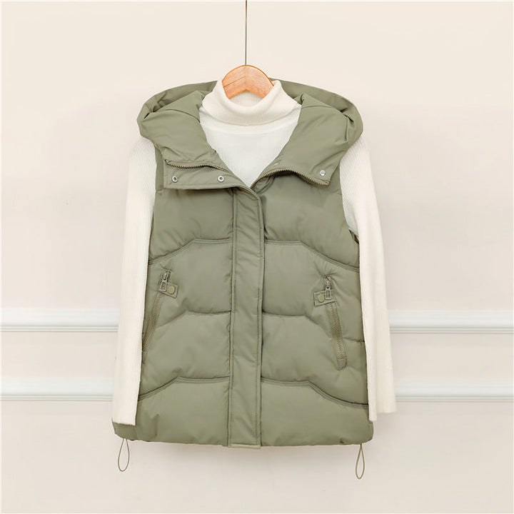 Women's padded hooded vest with drawstring and zippered pockets
