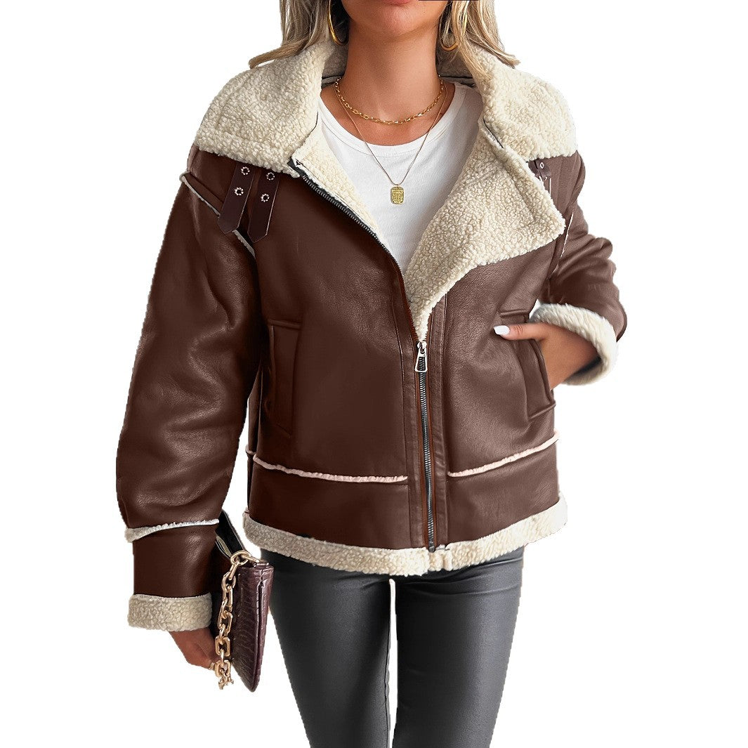 Women's faux leather jacket with teddy lining and zipper
