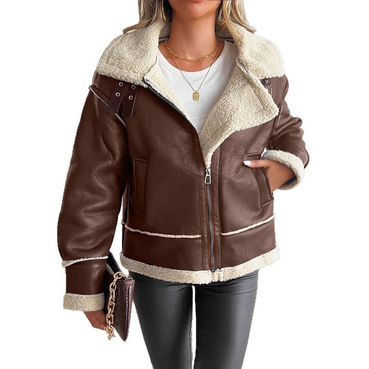 Women's faux leather jacket with teddy lining and zipper