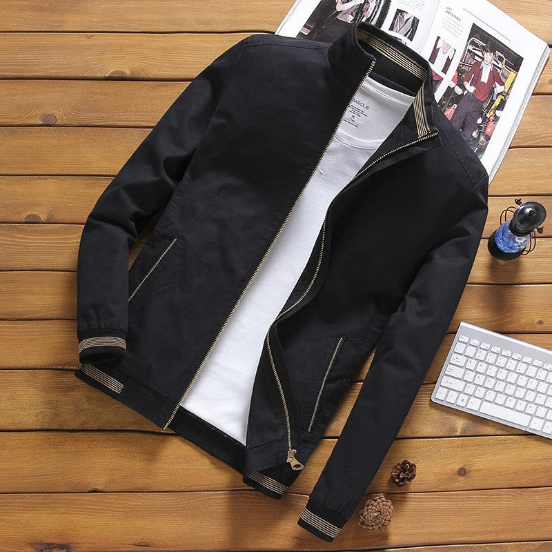 Men’s lightweight bomber-style jacket with a stand-up collar and striped ribbed cuffs