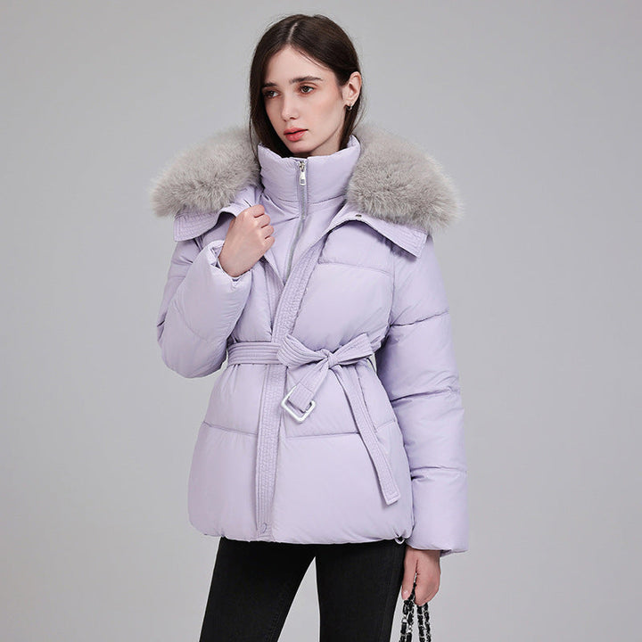 Women’s short quilted coat with detachable faux-fur collar and belt