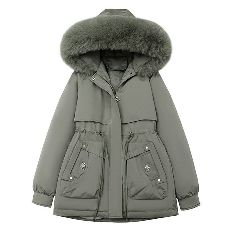 Women's short coat with faux-fur hood and drawstring waist