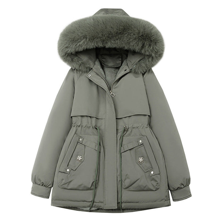Women's short coat with faux-fur hood and drawstring waist