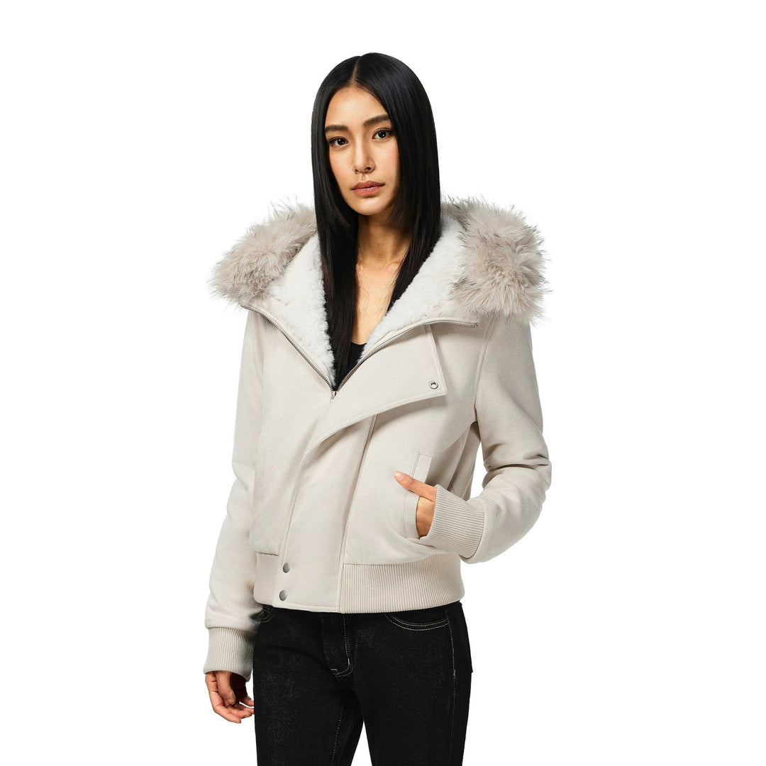 Women’s short bomber jacket with a voluminous hood and thumbhole cuffs