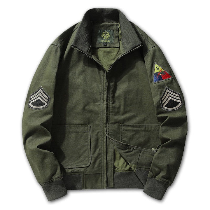 Men’s military-style bomber jacket with patches and a concealed zipper
