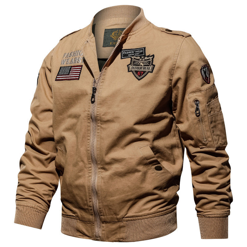 Men's Long-Sleeve Bomber Jacket with Buttons and Pockets