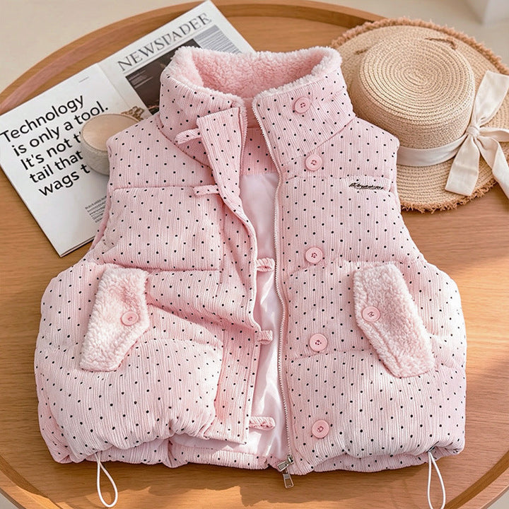 Women's padded quilted vest with teddy lining, stand-up collar, and drawstring hem