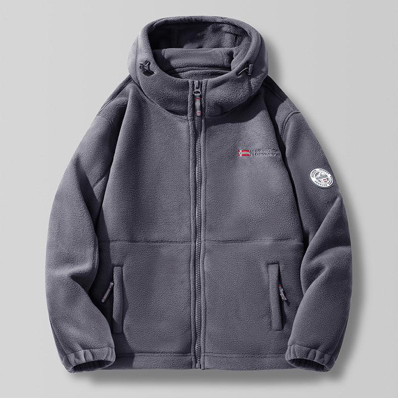Hooded fleece jacket with a high-neck hood collar and zipper