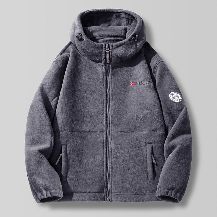 Hooded fleece jacket with a high-neck hood collar and zipper
