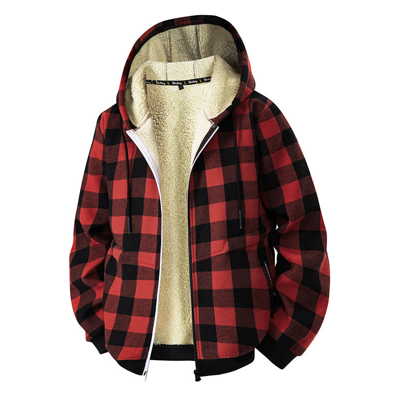 Men’s plaid hooded jacket with Sherpa lining and zipper closure