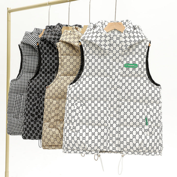 Women's quilted hooded vest with all-over logo print, padded insulation, and adjustable hem