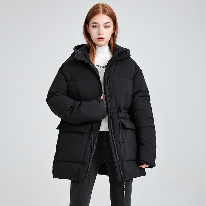 Women’s mid-length thermal parka with a waist-cinching drawstring and hood