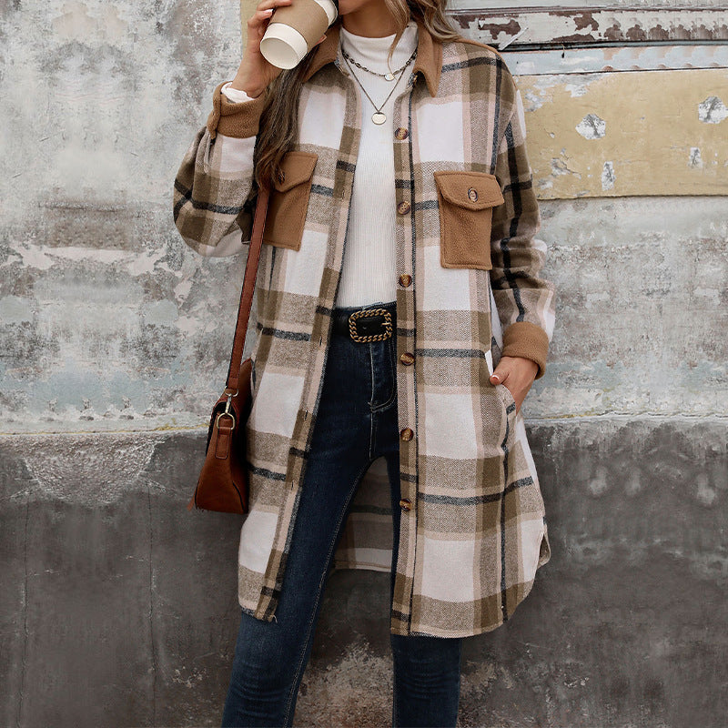 Women's shirt jacket with a checked pattern, pockets, buttons, and long sleeves