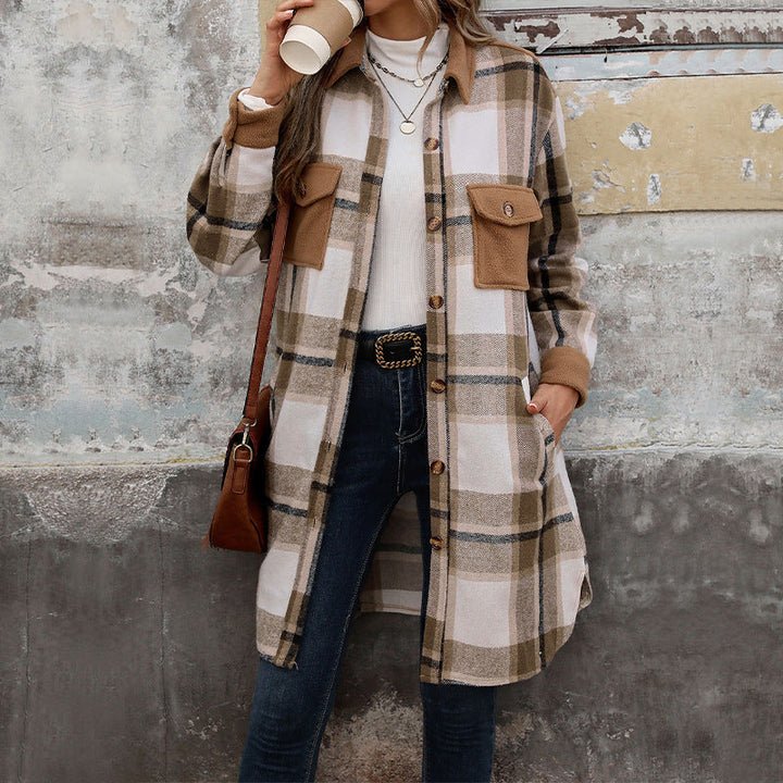 Women's shirt jacket with a checked pattern, pockets, buttons, and long sleeves