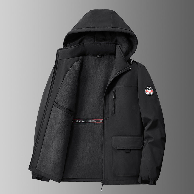 Men’s lined softshell winter jacket with hood and multifunctional pockets