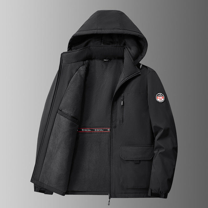 Men’s lined softshell winter jacket with hood and multifunctional pockets