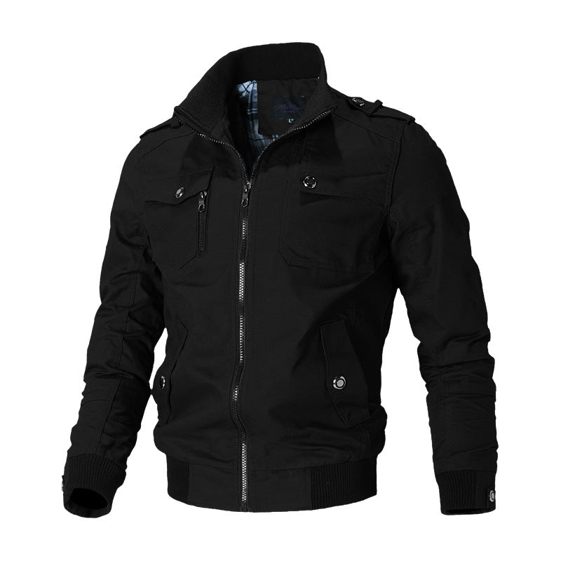 Men’s durable canvas bomber jacket with epaulettes and zip-front closure