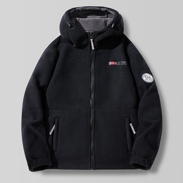 Hooded fleece jacket with a high-neck hood collar and zipper