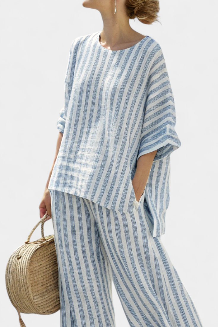 Federica – elegant striped linen top and casual trousers