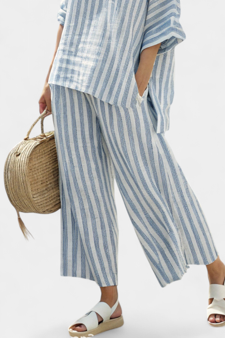 Federica – elegant striped linen top and casual trousers