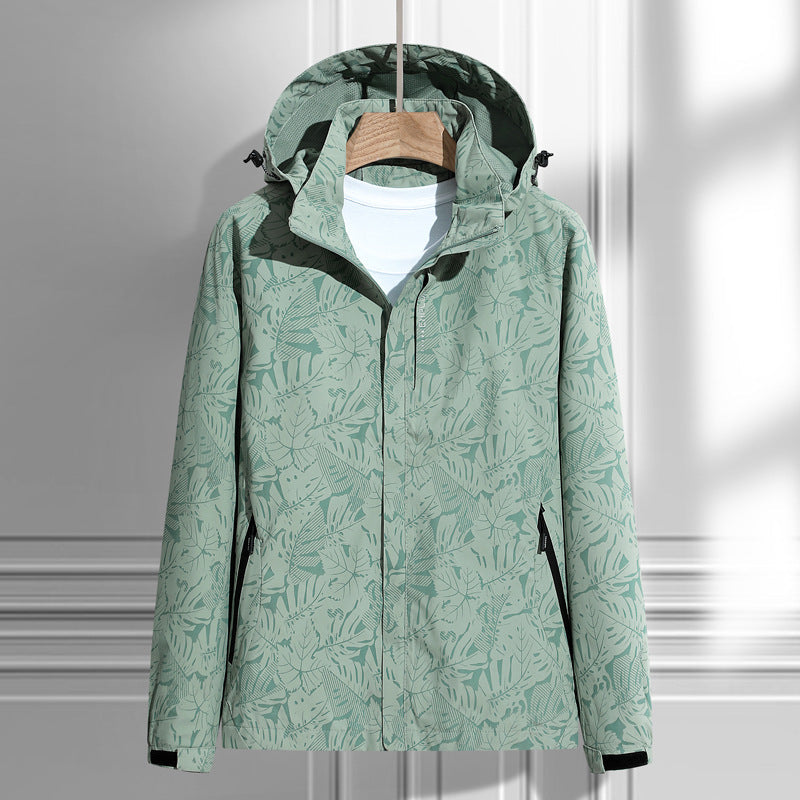 Women's Lightweight Packable Rain and Wind Jacket with Hood, Leaf Pattern
