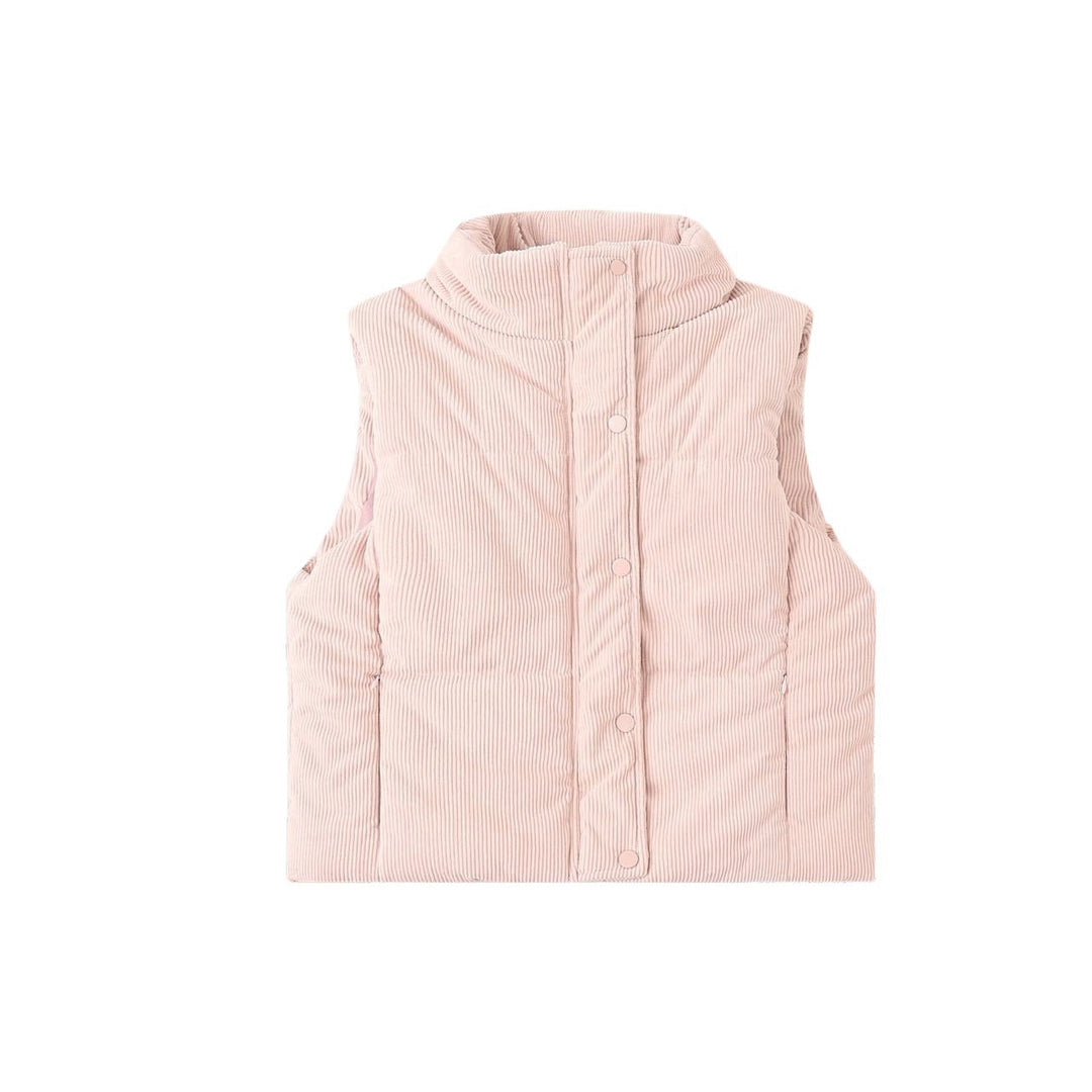 Women's short insulated vest with a high stand-up collar and snap-button placket