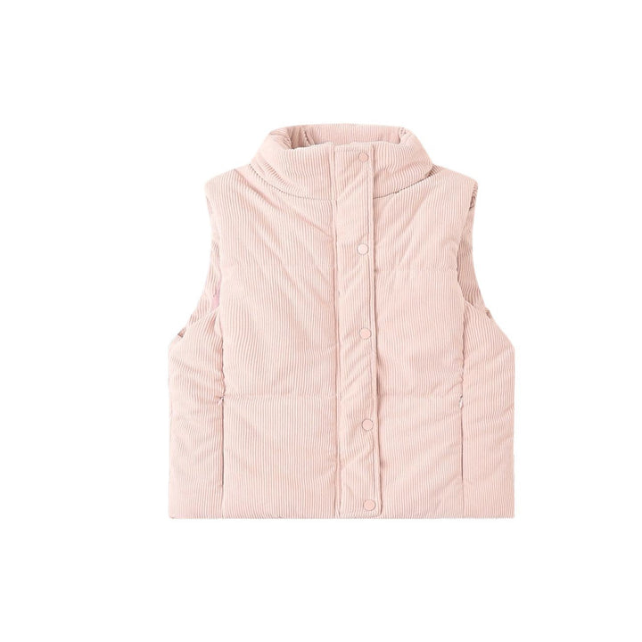Women's short insulated vest with a high stand-up collar and snap-button placket