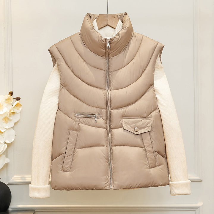 Women's quilted thermal vest with stand-up collar and multifunctional pockets