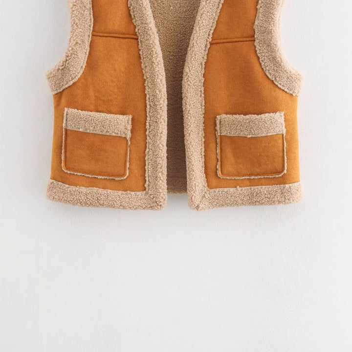 Damen Teddy-Weste mit Taschen und hohem Kragen