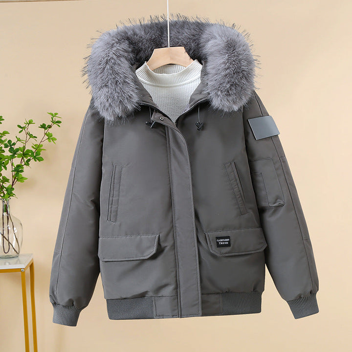 Women’s padded bomber jacket with detachable faux-fur hood and ribbed cuffs